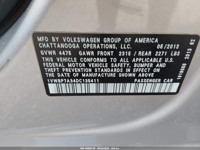 Aukcja sprzedaży 2013 Volkswagen Passat 2.5l Se, vin: 1VWBP7A34DC135411, numer aukcji: 45958130