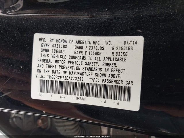 Продажа на аукционе авто 2014 Honda Accord Ex, vin: 1HGCR2F72EA273298, номер лота: 45958136