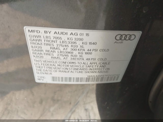 Aukcja sprzedaży 2015 Audi Q7 3.0 Tdi Premium, vin: WA1LMAFE7FD013740, numer aukcji: 45958138