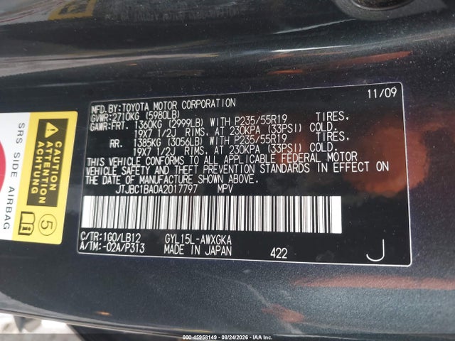 Aukcja sprzedaży 2010 Lexus Rx 450, vin: JTJBC1BA0A2017797, numer aukcji: 45958149