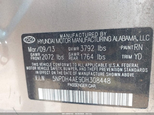 Продажа на аукционе авто 2013 Hyundai Elantra Gls, vin: 5NPDH4AE9DH308448, номер лота: 45958163
