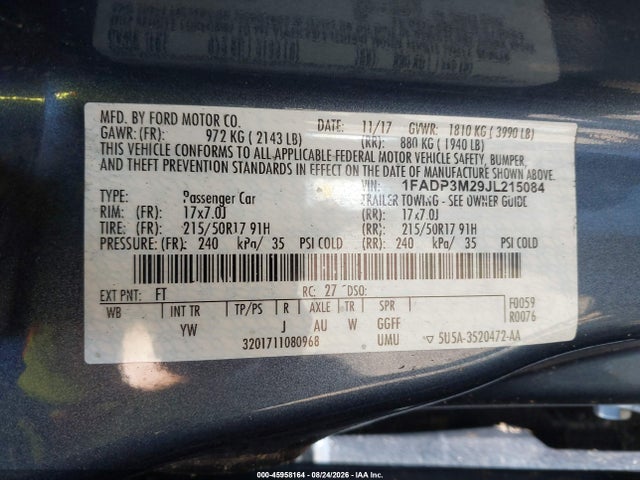 45958164 :رقم المزاد ، 1FADP3M29JL215084 vin ، 2018 Ford Focus Sel مزاد بيع