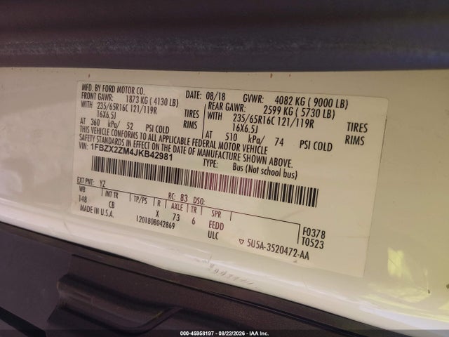 45958197 :رقم المزاد ، 1FBZX2ZM4JKB42981 vin ، 2018 Ford Transit-350 Xl مزاد بيع