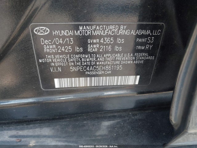 2014 Hyundai Sonata Se მანქანა იყიდება აუქციონზე, vin: 5NPEC4AC5EH861195, აუქციონის ნომერი: 45958203