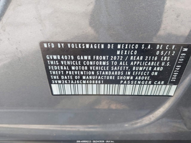 Aukcja sprzedaży 2012 Volkswagen Jetta 2.0l S, vin: 3VW2K7AJ6CM408861, numer aukcji: 45958213