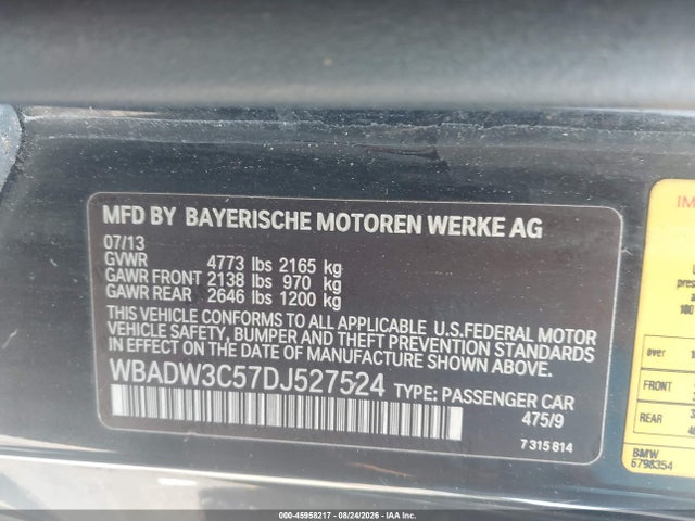 45958217 :رقم المزاد ، WBADW3C57DJ527524 vin ، 2013 Bmw 328i مزاد بيع