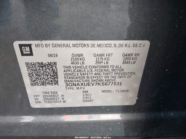 Aukcja sprzedaży 2019 Chevrolet Equinox Lt, vin: 3GNAXUEV7KS677531, numer aukcji: 45958237