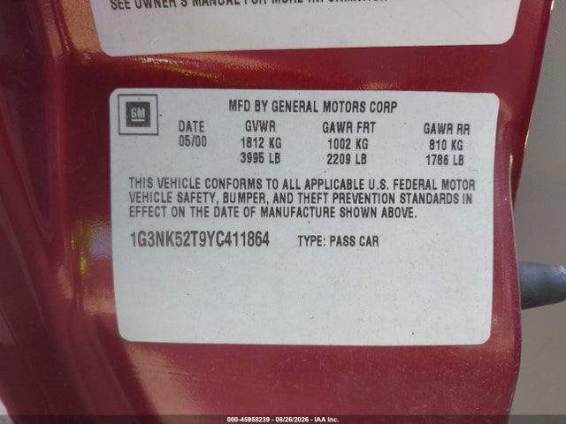 2000 Oldsmobile Alero Gx მანქანა იყიდება აუქციონზე, vin: 1G3NK52T9YC411864, აუქციონის ნომერი: 45958239