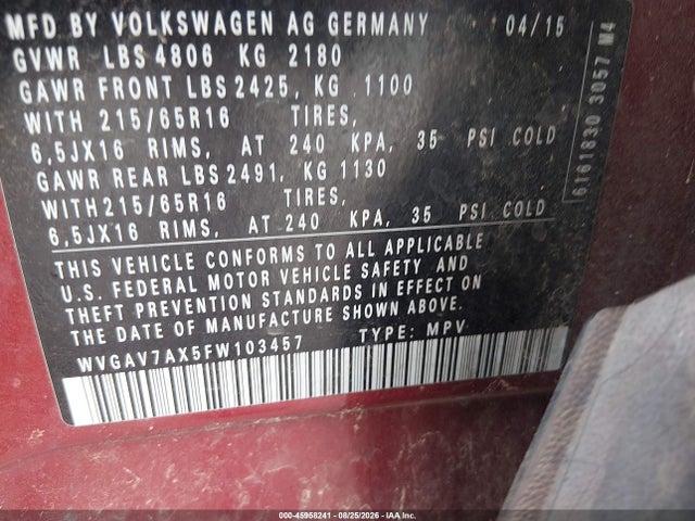 Aukcja sprzedaży 2015 Volkswagen Tiguan S, vin: WVGAV7AX5FW103457, numer aukcji: 45958241