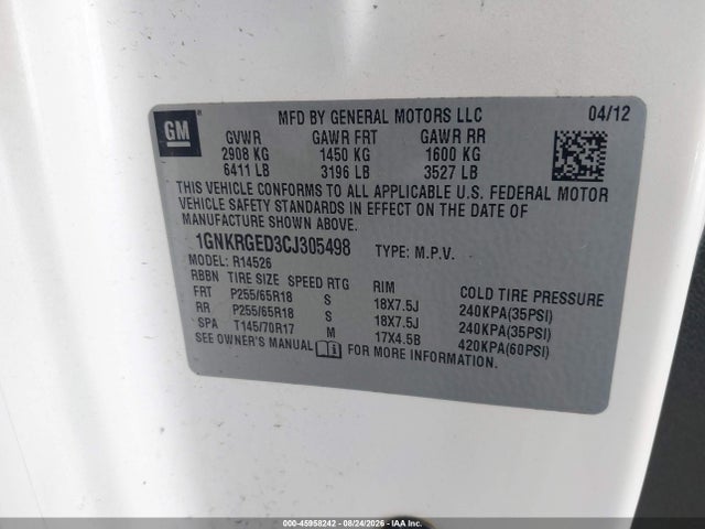 Продаж на аукціоні авто 2012 Chevrolet Traverse Lt W/1lt, vin: 1GNKRGED3CJ305498, номер лоту: 45958242