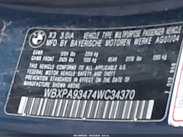 Aukcja sprzedaży 2004 Bmw X3 3.0i, vin: WBXPA93474WC34370, numer aukcji: 45958254