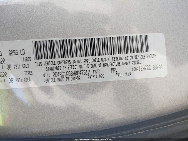 45958256 :رقم المزاد ، 2C4RC1GG3HR647517 vin ، 2017 Chrysler Pacifica Limited مزاد بيع