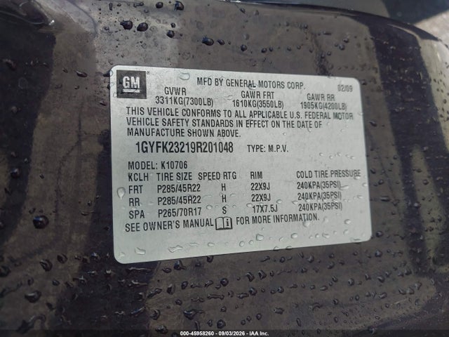 Продаж на аукціоні авто 2009 Cadillac Escalade, vin: 1GYFK23219R201048, номер лоту: 45958260