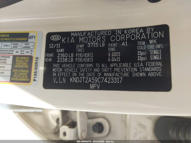45958279 :رقم المزاد ، KNDJT2A59C7423317 vin ، 2012 Kia Soul مزاد بيع