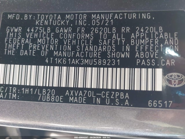 Продажа на аукционе авто 2021 Toyota Camry Xse, vin: 4T1K61AK3MU589231, номер лота: 45958287