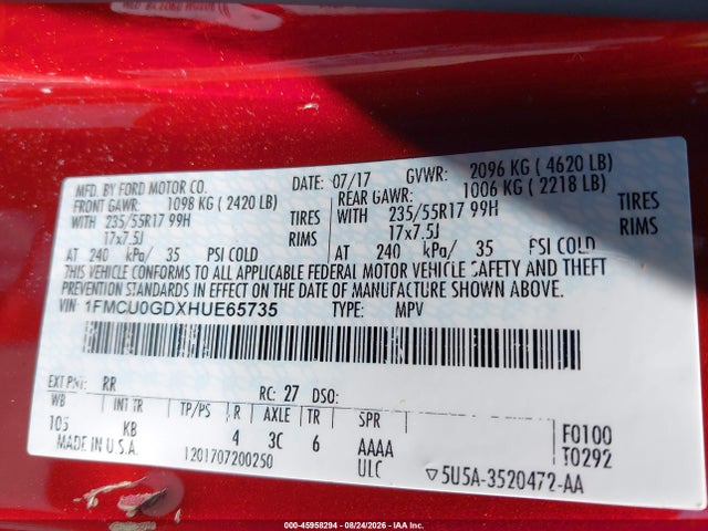 45958294 :رقم المزاد ، 1FMCU0GDXHUE65735 vin ، 2017 Ford Escape Se مزاد بيع
