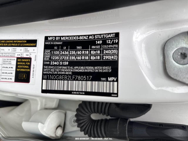 45958301 :رقم المزاد ، W1N0G8EB2LF780517 vin ، 2020 Mercedes-benz Glc 300 4matic مزاد بيع