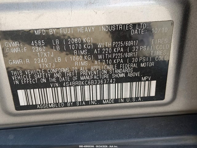 2011 Subaru Outback 2.5i Limited მანქანა იყიდება აუქციონზე, vin: 4S4BRBKC6B3363742, აუქციონის ნომერი: 45958306