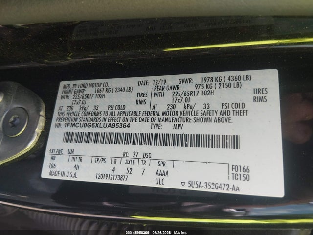 Aukcja sprzedaży 2020 Ford Escape Se, vin: 1FMCU0G6XLUA95364, numer aukcji: 45958309