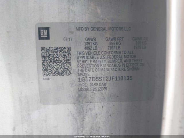 Продаж на аукціоні авто 2018 Chevrolet Malibu Lt, vin: 1G1ZD5ST2JF110135, номер лоту: 45958314