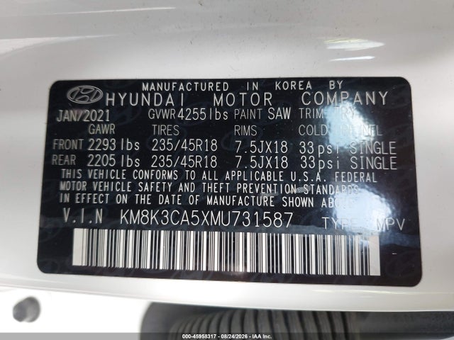 2021 Hyundai Kona Limited მანქანა იყიდება აუქციონზე, vin: KM8K3CA5XMU731587, აუქციონის ნომერი: 45958317