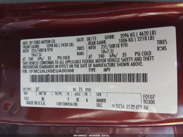 45958327 :رقم المزاد ، 1FMCU0JX0EUA50308 vin ، 2014 Ford Escape Titanium مزاد بيع