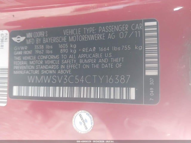 45958329 :رقم المزاد ، WMWSV3C54CTY16387 vin ، 2012 Mini Cooper S مزاد بيع