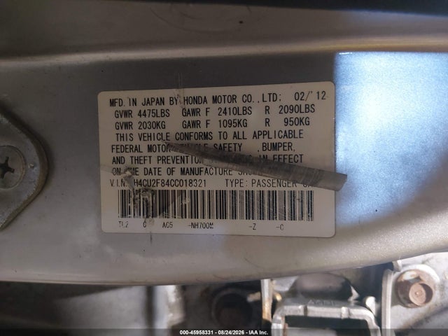 Aukcja sprzedaży 2012 Acura Tsx 2.4, vin: JH4CU2F84CC018321, numer aukcji: 45958331