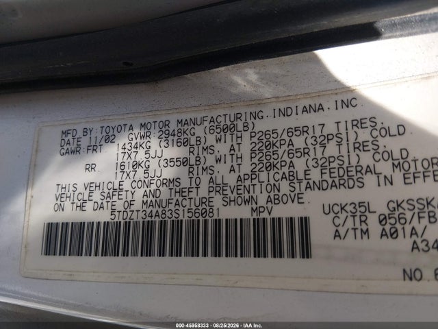 2003 Toyota Sequoia Sr5 V8 მანქანა იყიდება აუქციონზე, vin: 5TDZT34A83S156081, აუქციონის ნომერი: 45958333