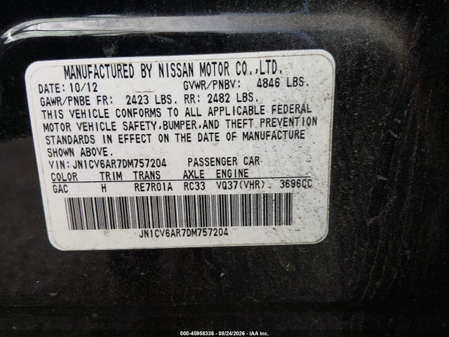 Aukcja sprzedaży 2013 Infiniti G37x, vin: JN1CV6AR7DM757204, numer aukcji: 45958336