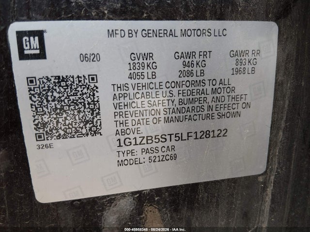 2020 Chevrolet Malibu Fwd Ls მანქანა იყიდება აუქციონზე, vin: 1G1ZB5ST5LF128122, აუქციონის ნომერი: 45958345