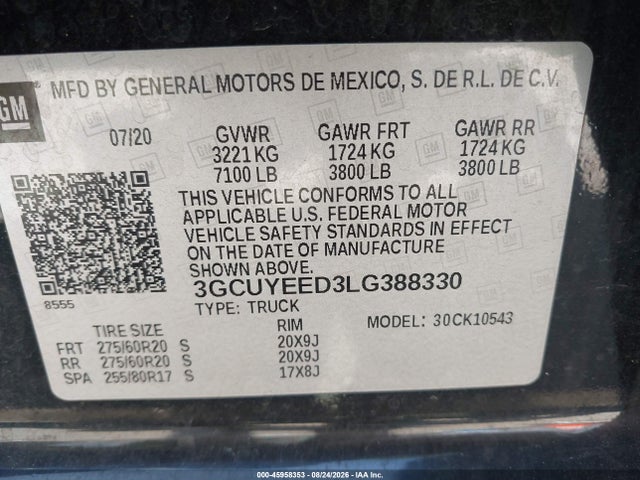 45958353 :رقم المزاد ، 3GCUYEED3LG388330 vin ، 2020 Chevrolet Silverado 1500 4wd  Short Bed Rst مزاد بيع