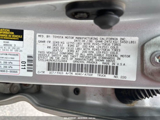 45958357 :رقم المزاد ، 5TELU42N36Z312484 vin ، 2006 Toyota Tacoma Base V6 مزاد بيع