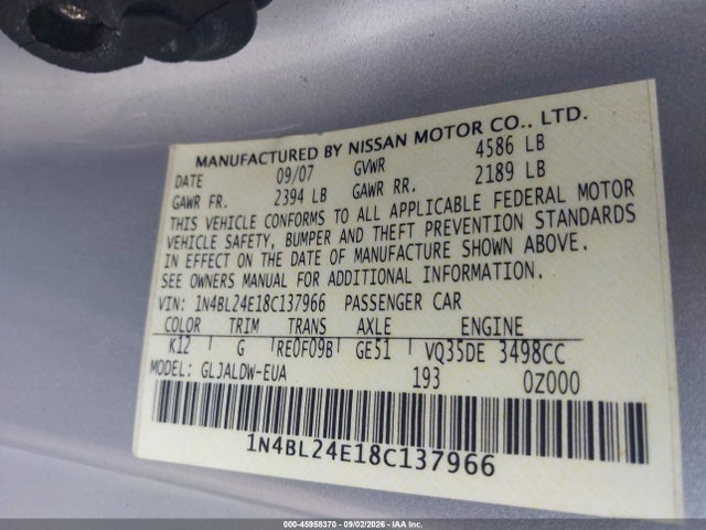 Auction sale of the 2008 Nissan Altima 3.5 Se, vin: 1N4BL24E18C137966, lot number: 45958370