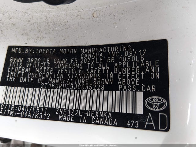 2018 Toyota Corolla Le მანქანა იყიდება აუქციონზე, vin: 2T1BURHE9JC985228, აუქციონის ნომერი: 45958375