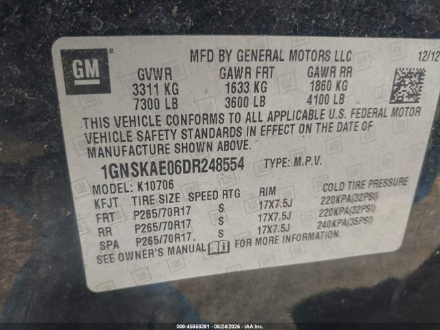 2013 Chevrolet Tahoe Ls მანქანა იყიდება აუქციონზე, vin: 1GNSKAE06DR248554, აუქციონის ნომერი: 45958391