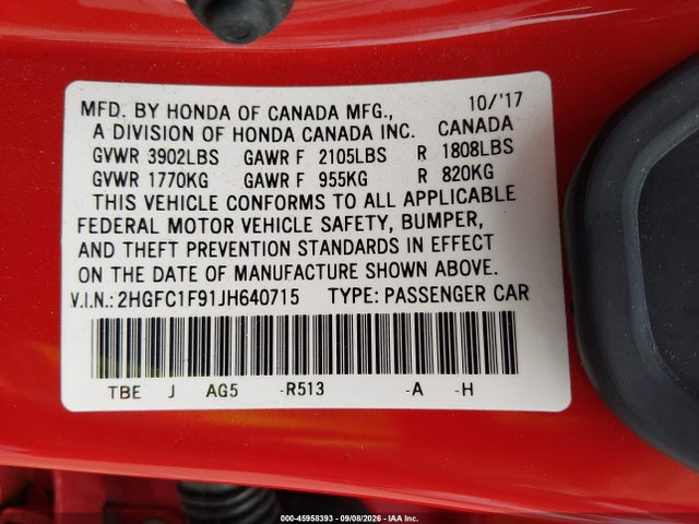 Продаж на аукціоні авто 2018 Honda Civic Touring, vin: 2HGFC1F91JH640715, номер лоту: 45958393