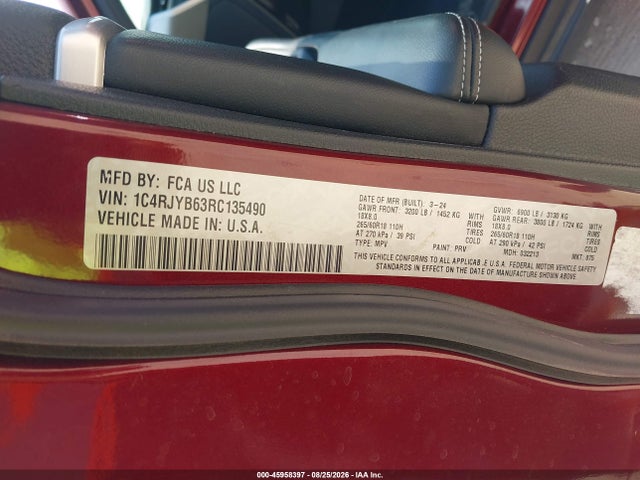 45958397 :رقم المزاد ، 1C4RJYB63RC135490 vin ، 2024 Jeep Grand Cherokee 4xe مزاد بيع