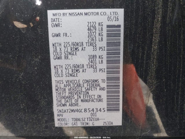 2016 Nissan Rogue Sl მანქანა იყიდება აუქციონზე, vin: 5N1AT2MV4GC854345, აუქციონის ნომერი: 45958403