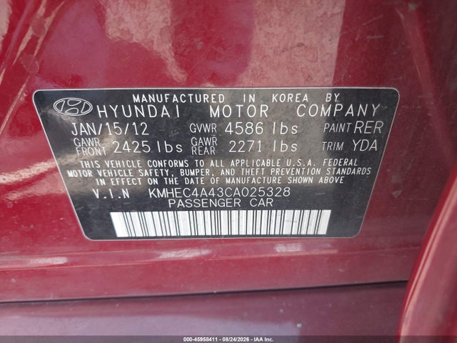 45958411 :رقم المزاد ، KMHEC4A43CA025328 vin ، 2012 Hyundai Sonata Hybrid مزاد بيع