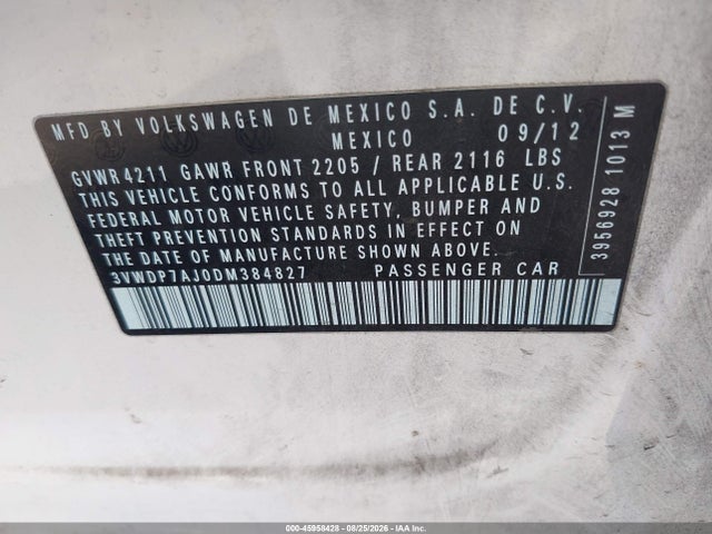 2013 Volkswagen Jetta 2.5l Se მანქანა იყიდება აუქციონზე, vin: 3VWDP7AJ0DM384827, აუქციონის ნომერი: 45958428