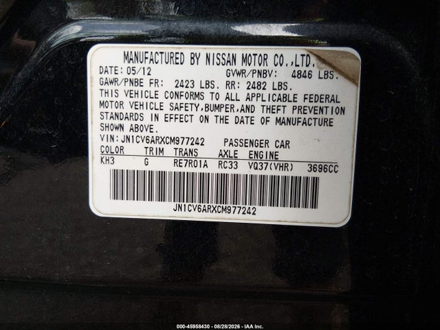Продажа на аукционе авто 2012 Infiniti G37x, vin: JN1CV6ARXCM977242, номер лота: 45958430