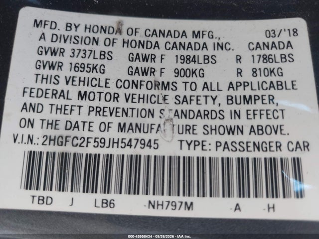 Honda Civic Lx 2018 2HGFC2F59JH547945 Image 9