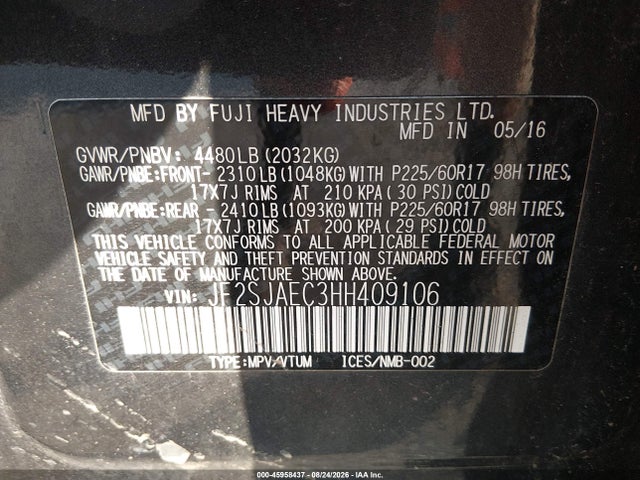 45958437 :رقم المزاد ، JF2SJAEC3HH409106 vin ، 2017 Subaru Forester 2.5i Premium مزاد بيع