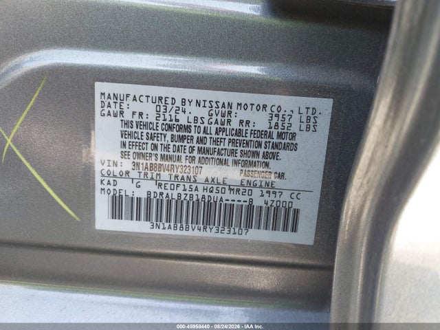 2024 Nissan Sentra S Xtronic Cvt მანქანა იყიდება აუქციონზე, vin: 3N1AB8BV4RY323107, აუქციონის ნომერი: 45958440