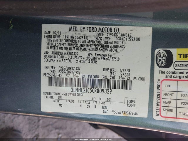 Aukcja sprzedaży 2012 Lincoln Mkz, vin: 3LNHL2JC5CR809329, numer aukcji: 45958447