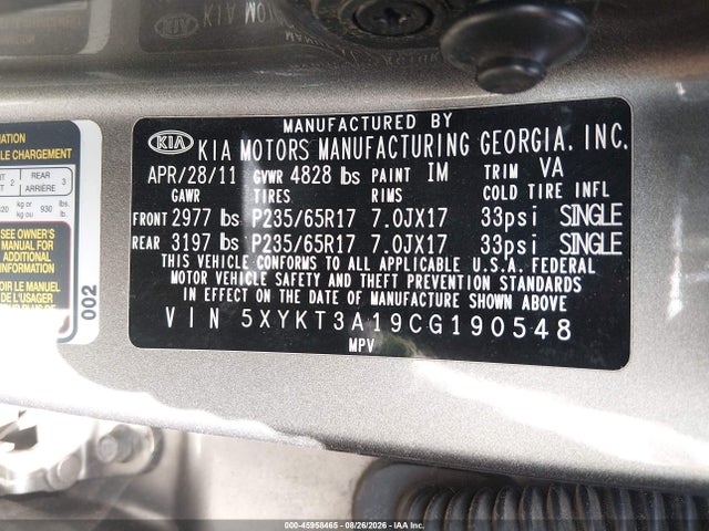 2012 Kia Sorento Lx მანქანა იყიდება აუქციონზე, vin: 5XYKT3A19CG190548, აუქციონის ნომერი: 45958465