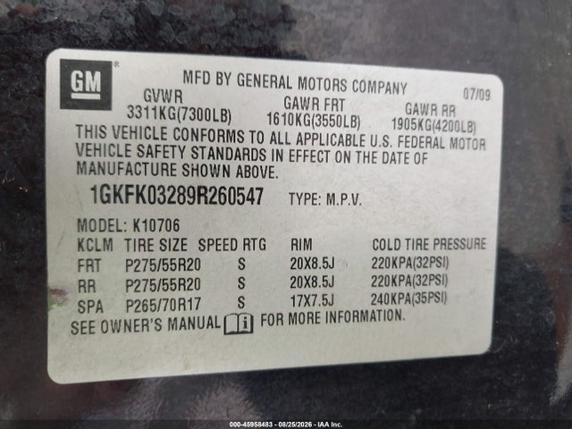 Aukcja sprzedaży 2009 Gmc Yukon Denali, vin: 1GKFK03289R260547, numer aukcji: 45958483