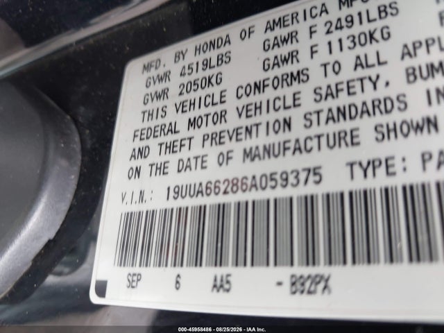Aukcja sprzedaży 2006 Acura Tl, vin: 19UUA66286A059375, numer aukcji: 45958486