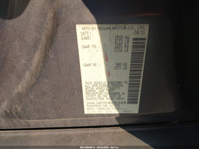 2015 Nissan Altima 2.5/2.5 S/2.5 Sl/2.5 Sv მანქანა იყიდება აუქციონზე, vin: 1N4AL3AP3FN866348, აუქციონის ნომერი: 45958514